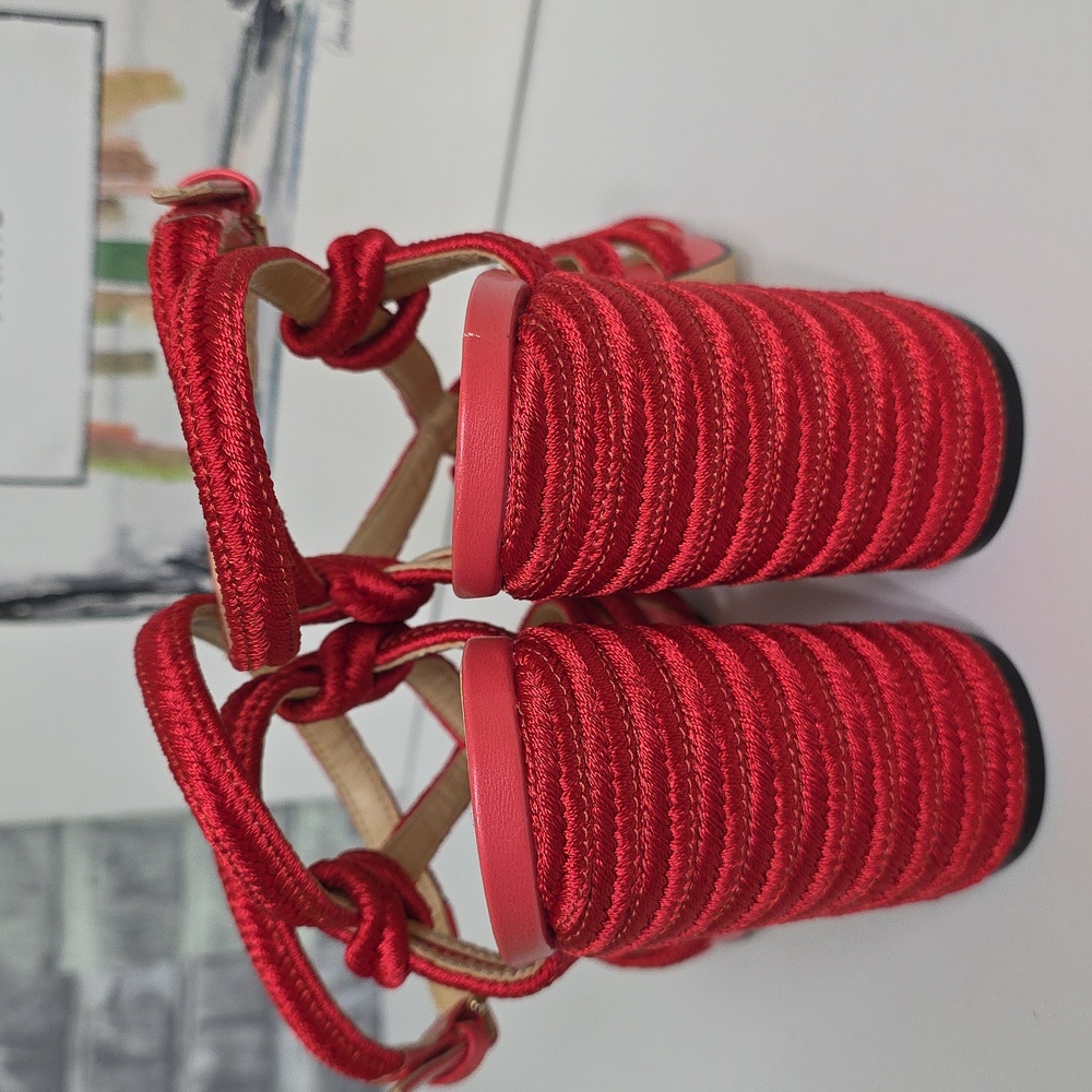 CAbi Tip Toe Red Rope Strappy Block Heel Ankle Strap Sandals Size 7 Style 6012 - Picture 5 of 13